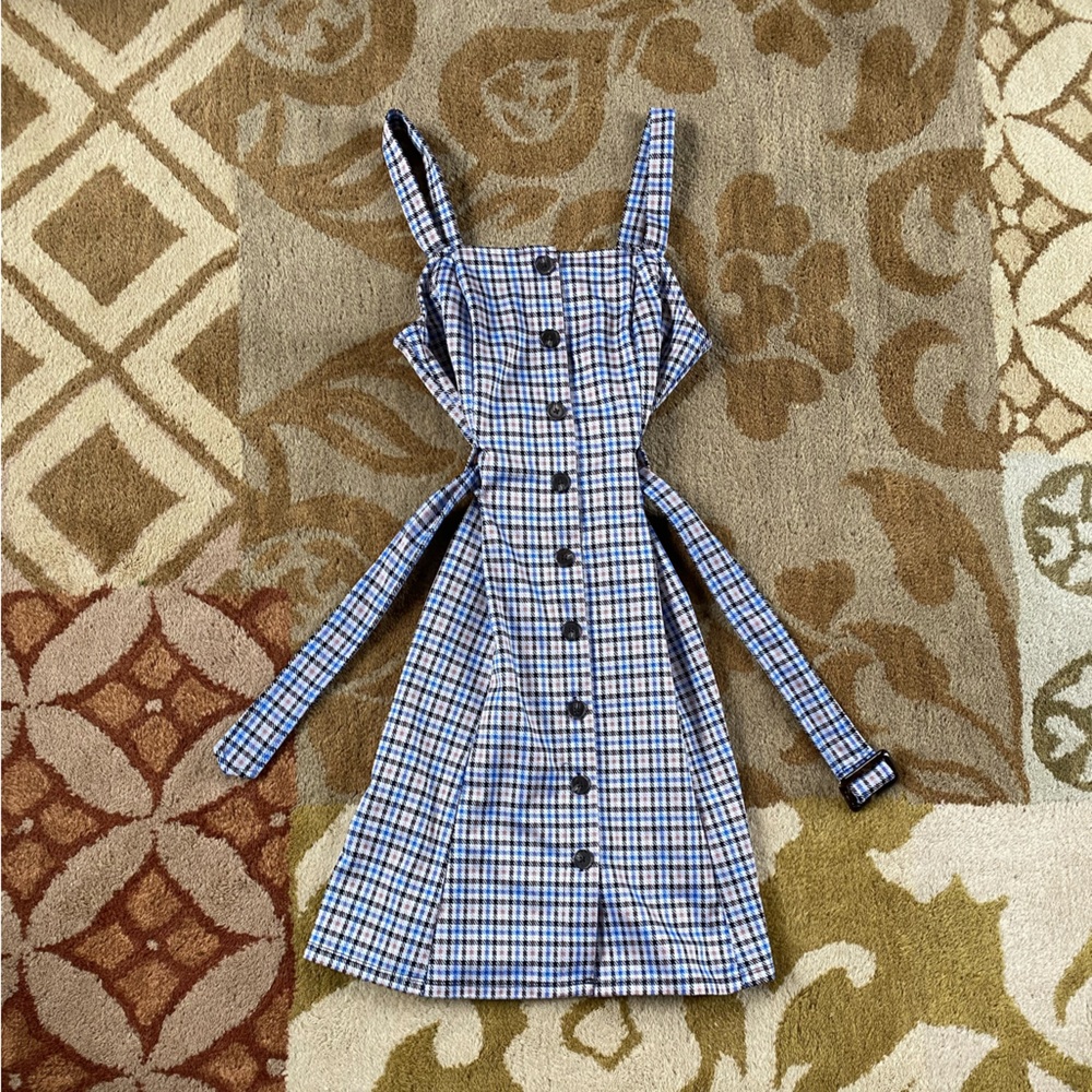 SO Blue and White Plaid Mini Dress with Buttons